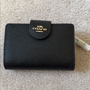 NWT Coach Black Leather Wallet with Gold Accents